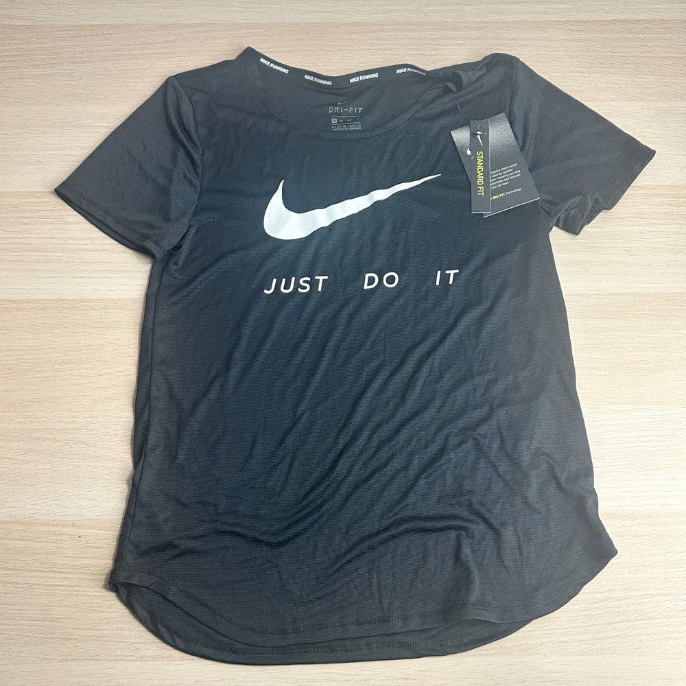 NWT Nike Just Do It Dri Fit Womens Short Sleeve Running Shirt Black Size XS - Picture 2 of 4
